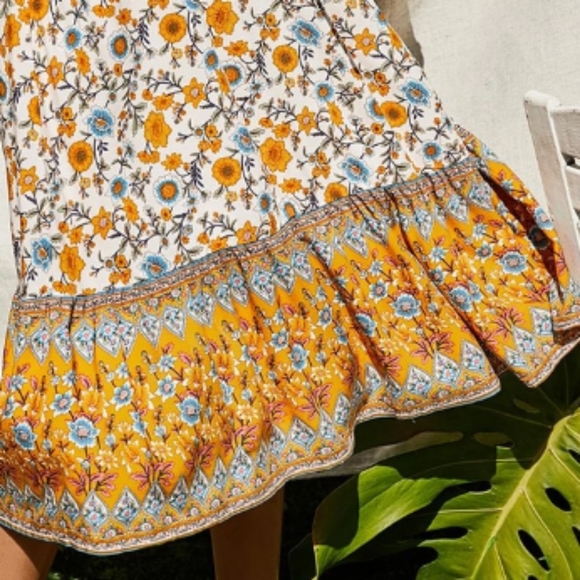 Yellow & Blue Floral Button Front Strappy Midi Dress in White - Picture 5 of 6